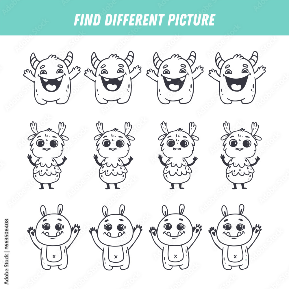 Find different monster in each row. Logical game for kids. Cartoon alien. Doodle. Coloring page. Vector