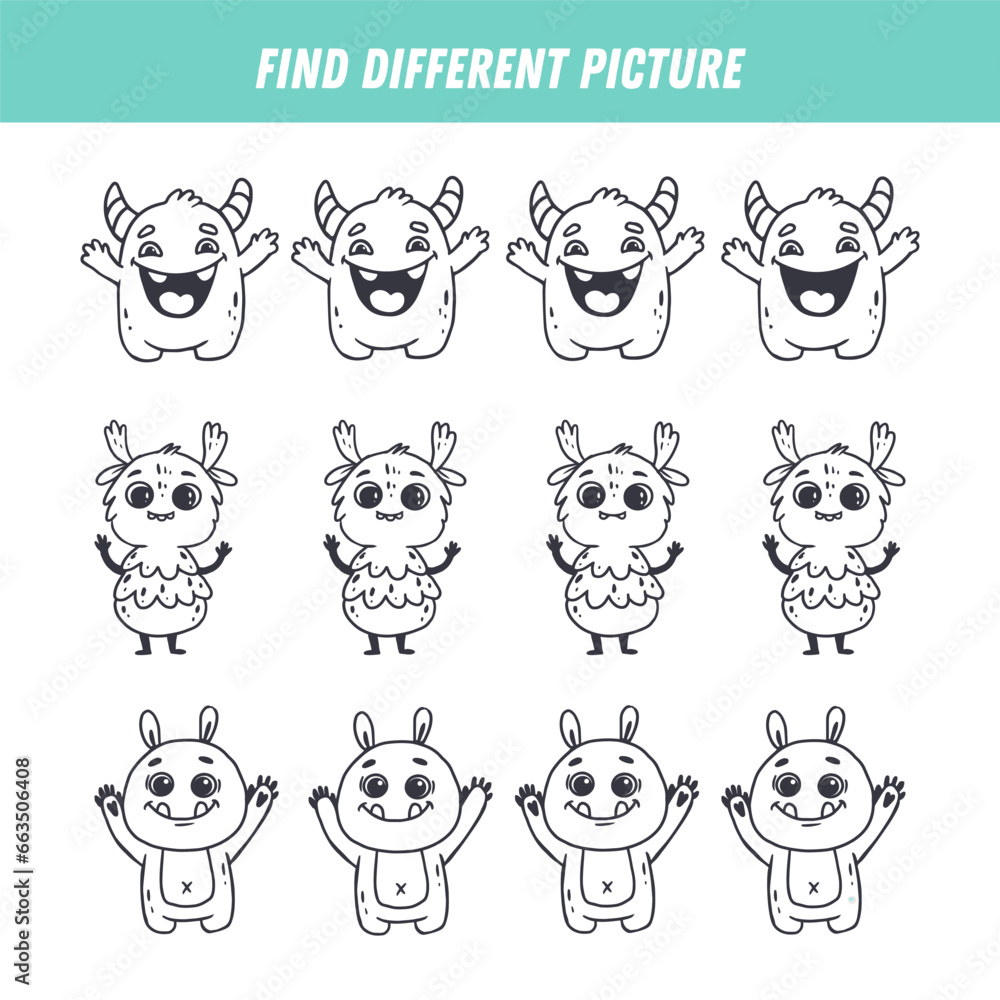 Find different monster in each row. Logical game for kids. Cartoon alien. Doodle. Coloring page. Vector Find different monster in each row. Logical game for kids. Cartoon alien. Doodle. Coloring page. Vector