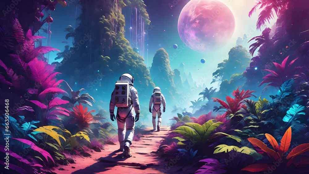 two astronauts walking on the mysterious planet of colorful plants, big planets in the sky, mountains, and jungle