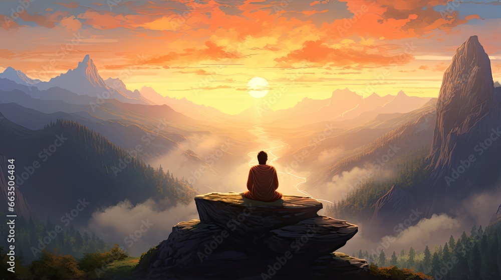  a person sitting on a cliff looking at a sunset over a valley.  generative ai