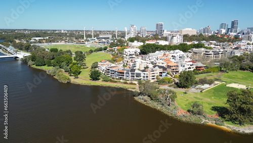 Aerial view of Matagarup Bridge and Swan River in Perth photo