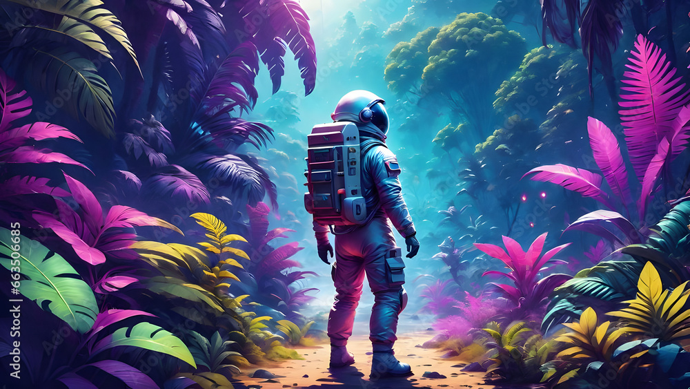 astronaut standing on the planet of mysterious colorful jungle in space, astronaut discovers a life like planet for humanity - obrazy, fototapety, plakaty 