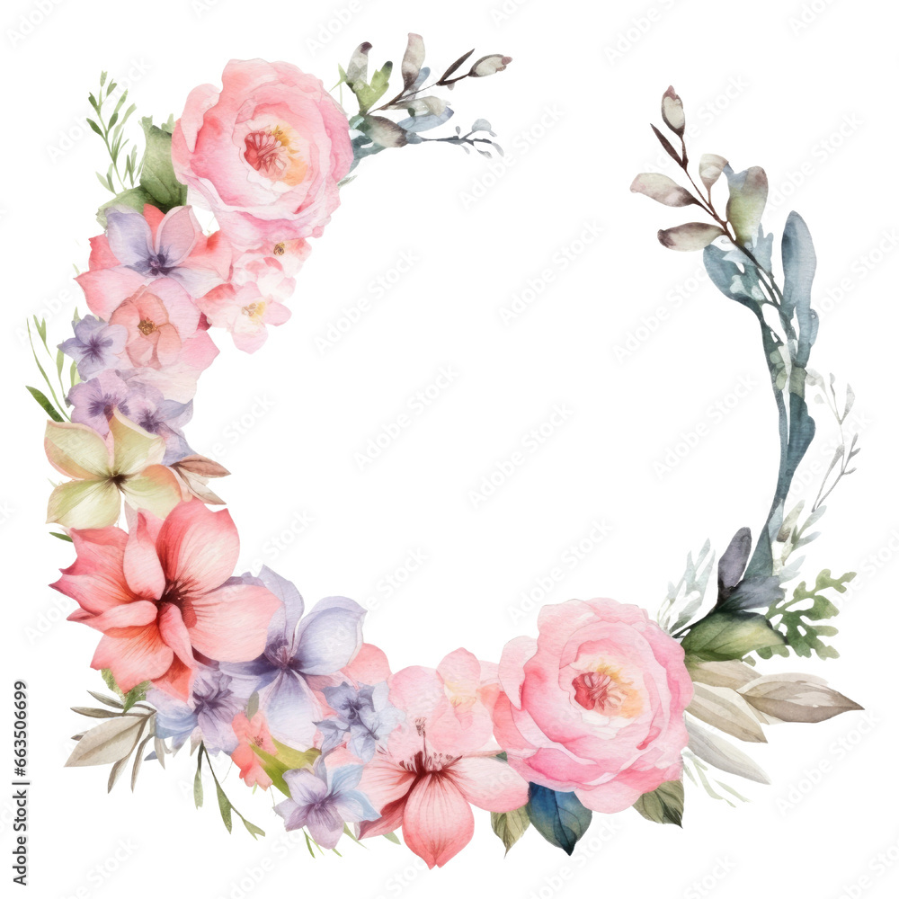 Spring floral wreath round frame. Watercolor paint decor illustration clipart for design isolated on transparent background.