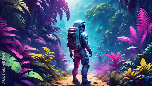 astronaut standing on the planet of mysterious colorful jungle in space, astronaut discovers a life like planet for humanity