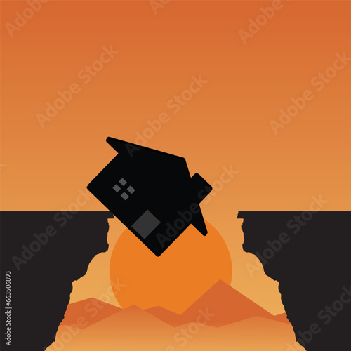Silhouette of a house falling off a cliff at sunset