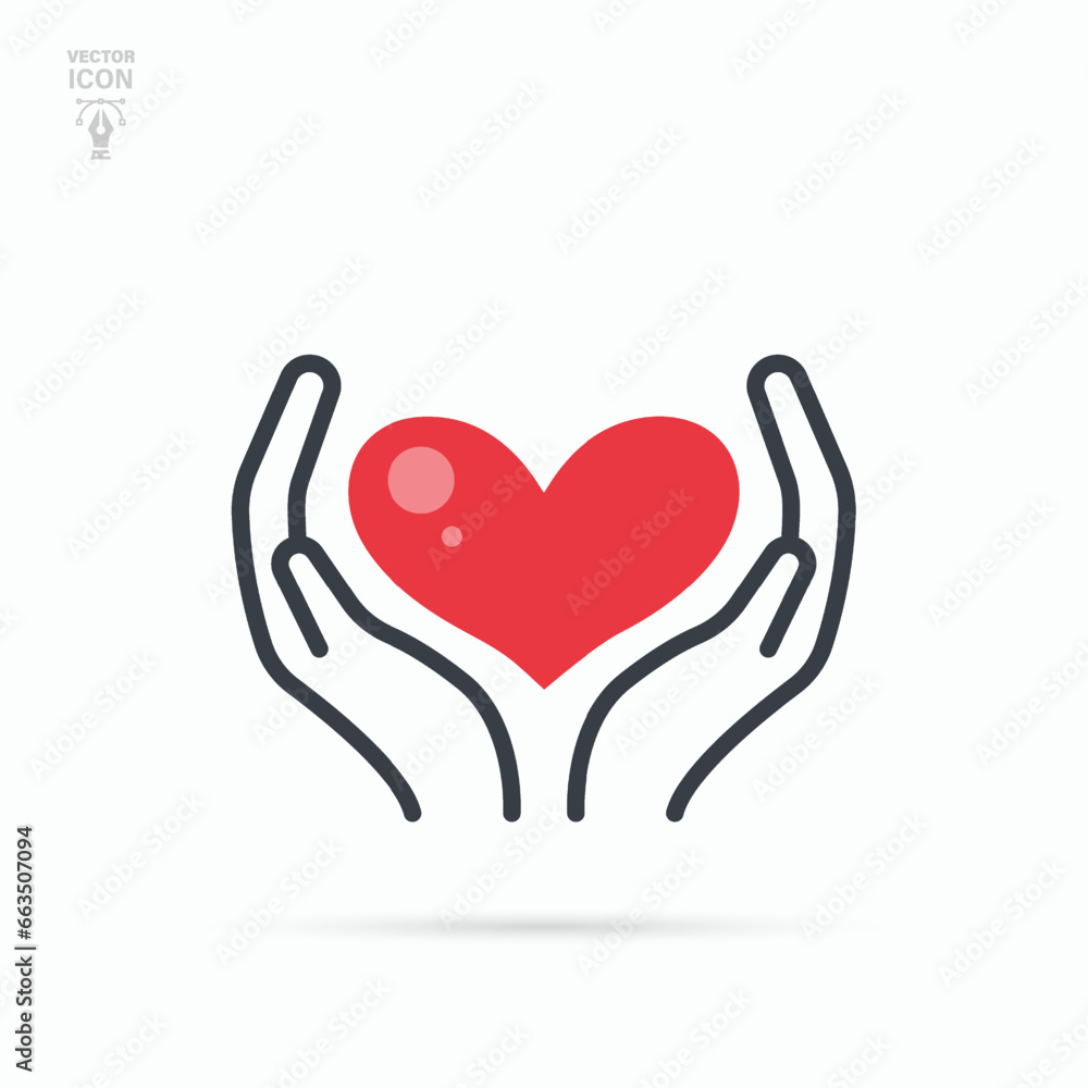 Hands holding heart line symbol. Humanitarian aid, philanthropy and donation concept. Vector illustration Hands holding heart line symbol. Humanitarian aid, philanthropy and donation concept. Vector illustration