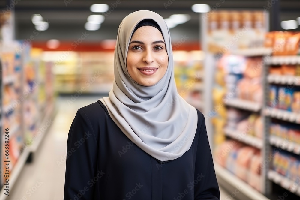 Muslim woman with friendly smile in a grocery store, female employee wearing a hijab, business portrait, ai generated Muslim woman with friendly smile in a grocery store, female employee wearing a hijab, business portrait, ai generated