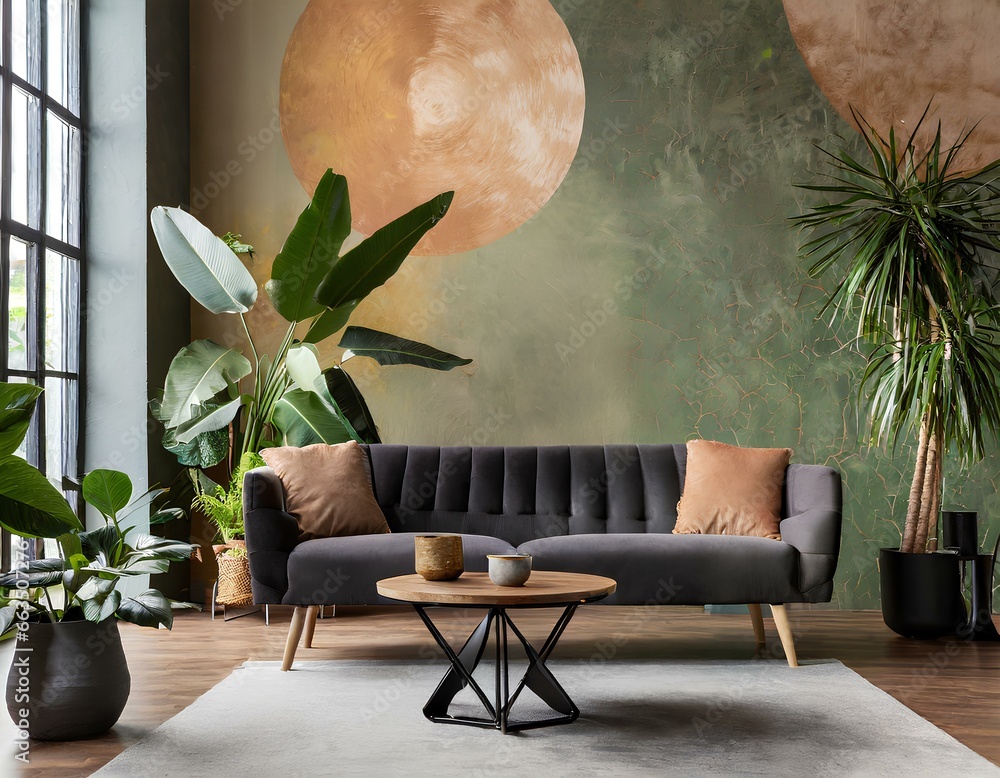 Dark sofa and round coffee table against abstract wall. Loft minimalist home interior design of modern living room; exotic, tropical plants in pots