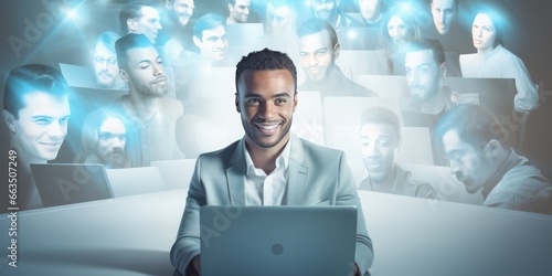 A Man Engages in a Multicall Conference, Using His Laptop as a Gateway to Connect with a Myriad of Faces, Blurring the Lines of Distance photo