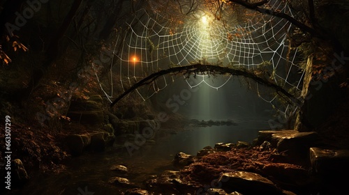  a spider web hanging over a stream in a forest at night.  generative ai