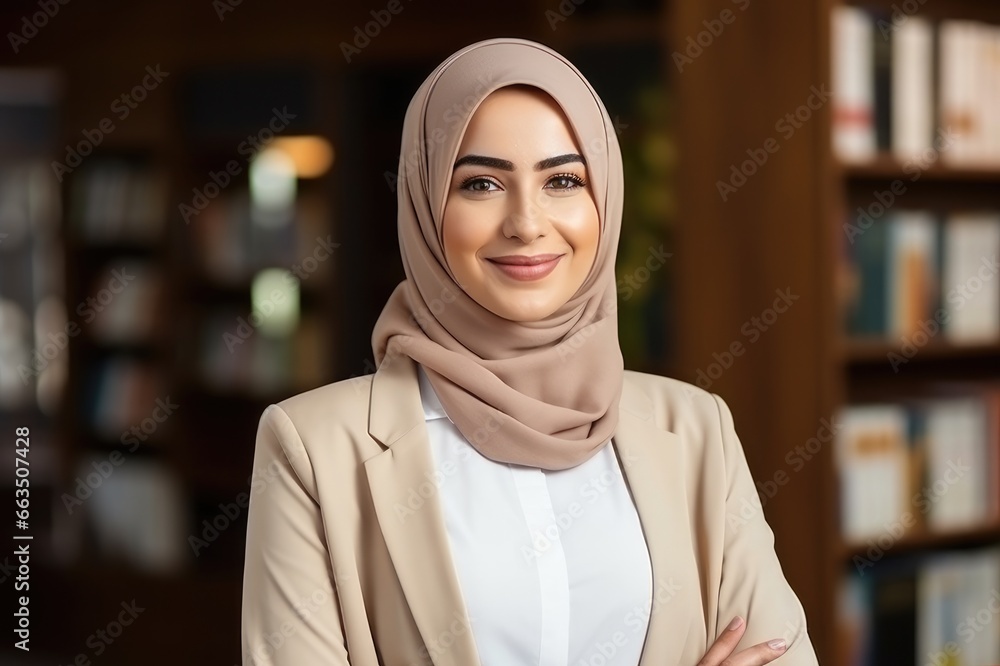 Muslim woman with friendly smile in a library or book store, female employee business portrait, ai generated