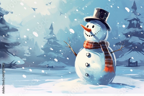 An illustration of a snowman for a Christmas banner, background, or card