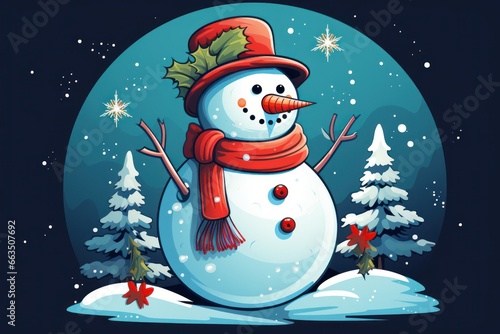 An illustration of a snowman for a Christmas banner, background, or card photo