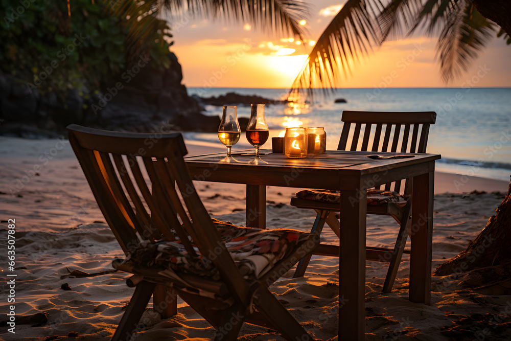 Table for two, on tropical beach, at sunset, romantic setting.