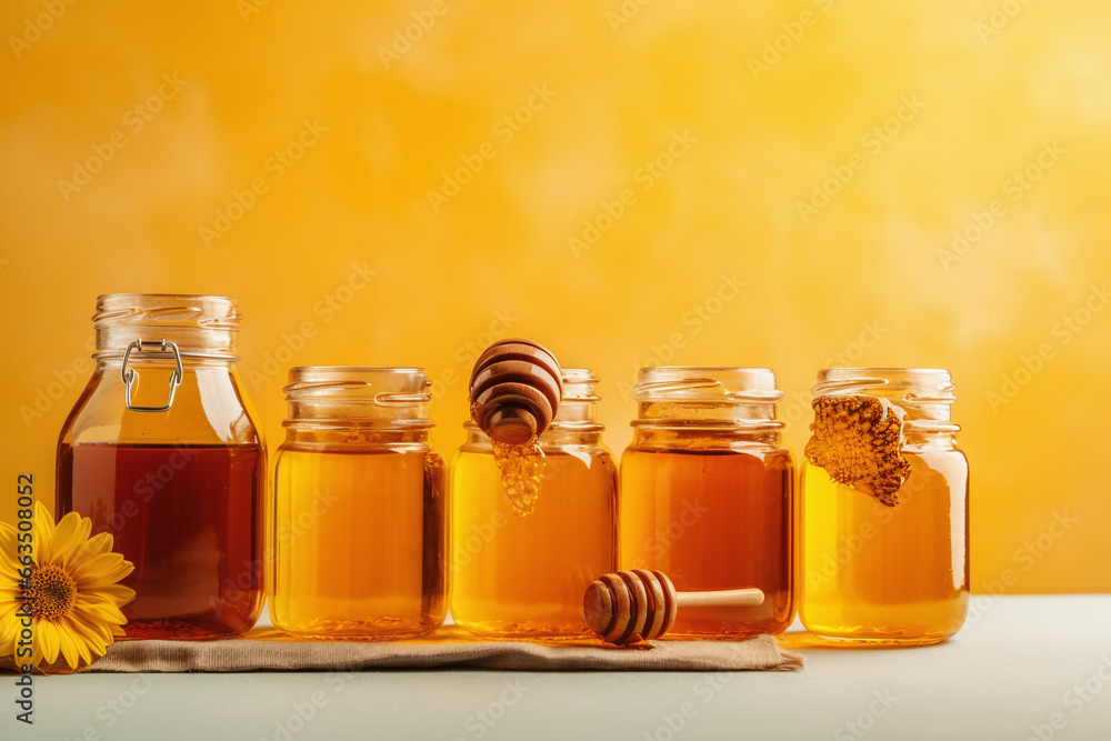 jars of natural honey, homemade honey, organic, yellow background jars of natural honey, homemade honey, organic, yellow background
