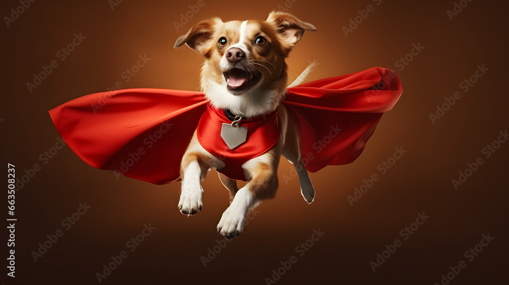 Portrait of superhero dog wearing red cape, jumping like a super hero, isolated on studio background - obrazy, fototapety, plakaty 