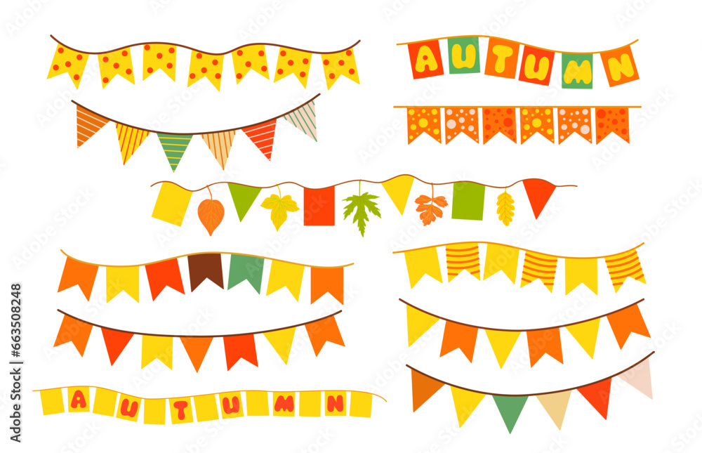 Autumn fall buntings set decorative holiday design element, festive decor vector illustration for Thanksgiving or harvest traditional events, kids birthday parties
