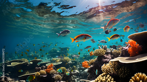 Undersea view of coral reef with colorful fishes.