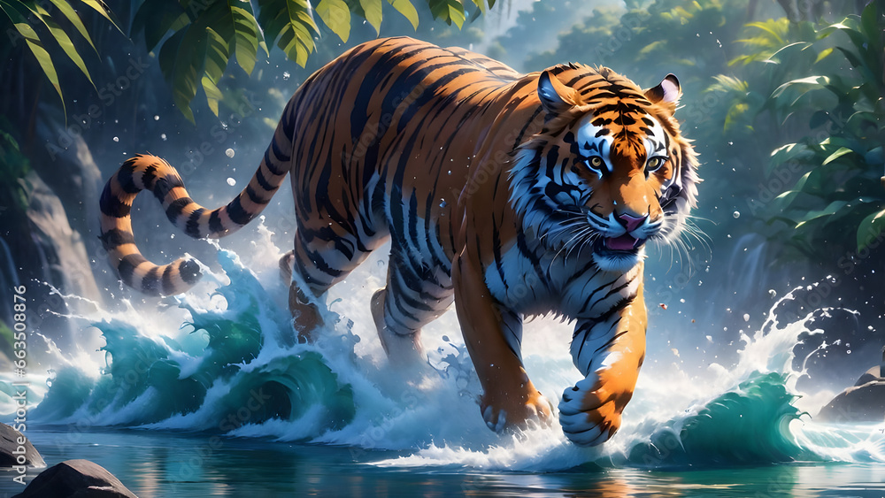 tiger running in the water and splashes the water of river, beautiful green jungle in background