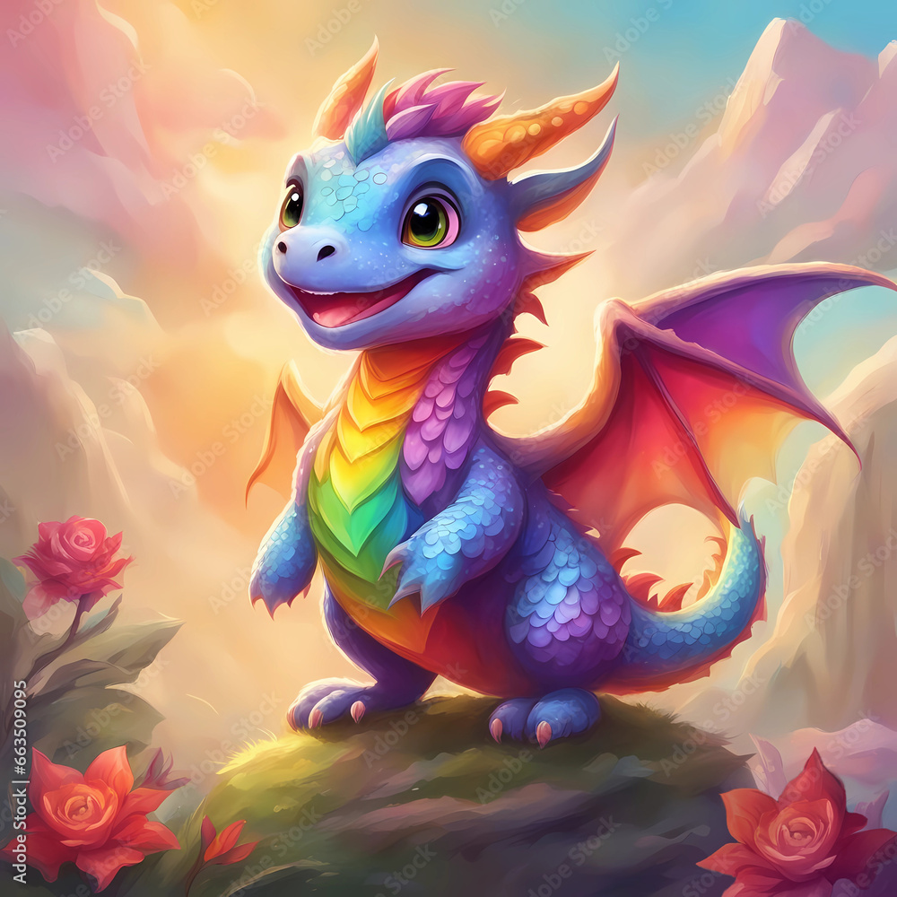 Generative AI. A little dragon with beautiful big eyes is happy and smiles. A good dragon stands on a stone, around a rose and clouds. Colorful illustration. Colors of rainbow. New Year Symbol 2024