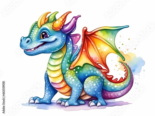 Generative AI. A little rainbow dragon is happy and smiles. Good dragon. Colorful watercolor illustration. Colors of rainbow. New Year Symbol 2024