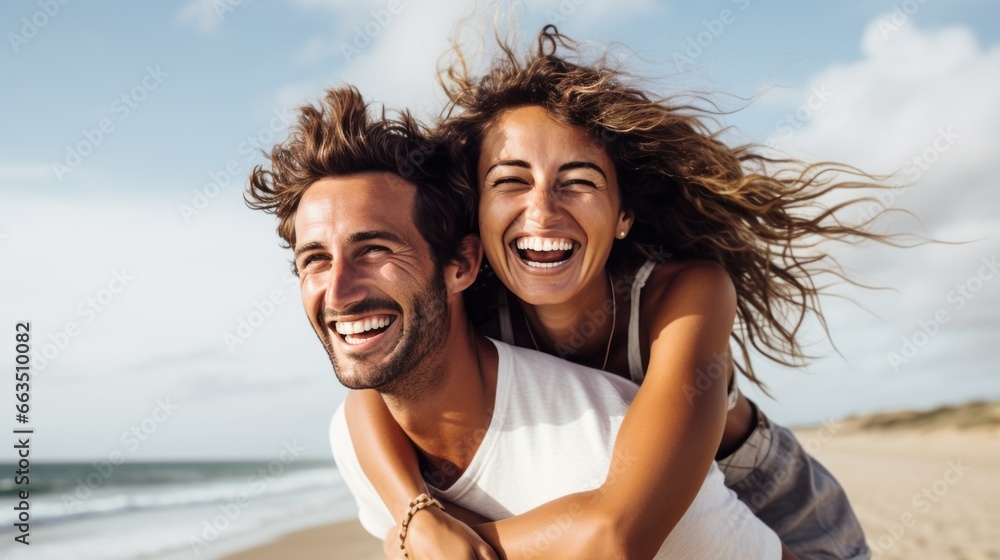 Fototapeta premium Couple enjoys a piggyback ride at the beach in summer, portrait shot, joyful