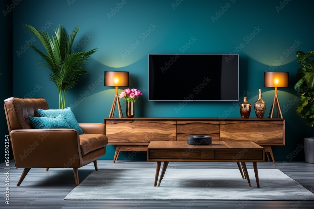 Opulent smart TV on the blue wall in a living room, offering a sleek and high-end entertainment area