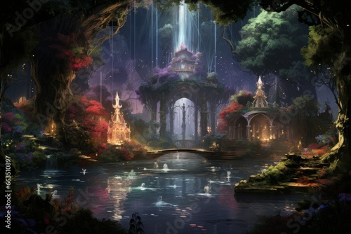 Enchanted song fountains, harmonizing with nature's melodies and creating enchanting displays - Generative AI