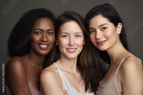 group of three women standing close together in front of dark background, studio portrait, ai generated