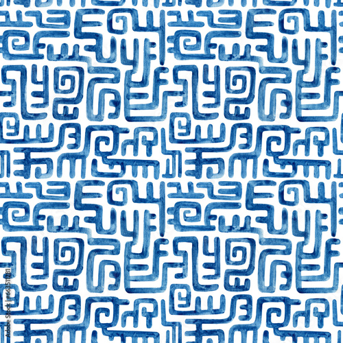 Abstract watercolor labyrinth seamless pattern. Water color stripes background. Maze concept.