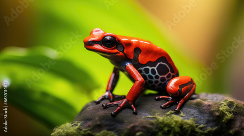 macro of a red poison dart frog sitting in a tropical rainforest