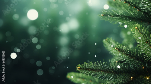 Green christmas background with tree branches and bokeh lights, Generative AI