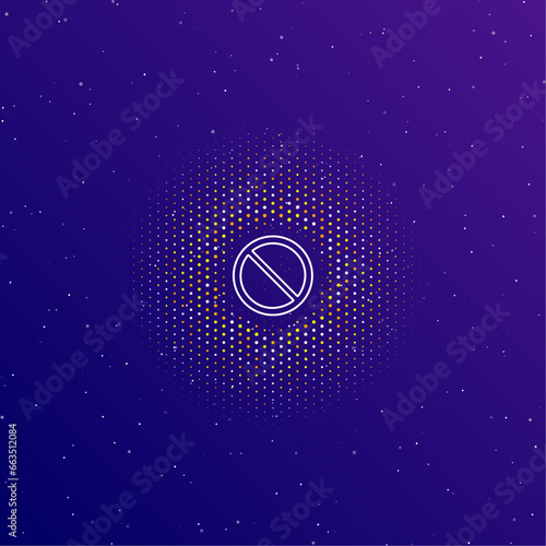 A large white contour no parking sign in the center, surrounded by small dots. Dots of different colors in the shape of a ball. Vector illustration on dark blue gradient background with stars