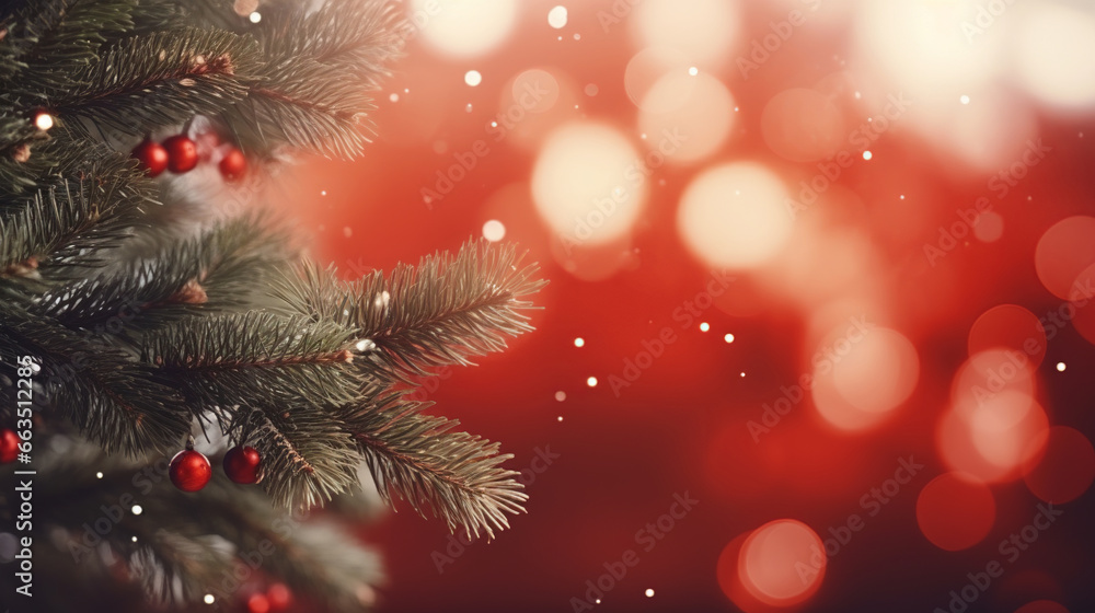 Green christmas background with tree branches and bokeh lights, Generative AI