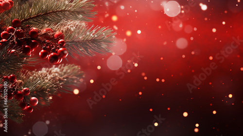 Christmas tree branches background on a defocused red background with bokeh effect lights, Generative AI © Eduardo
