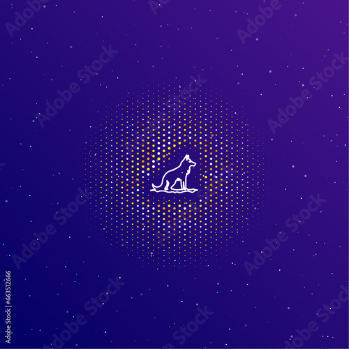 A large white contour wild wolf symbol in the center, surrounded by small dots. Dots of different colors in the shape of a ball. Vector illustration on dark blue gradient background with stars