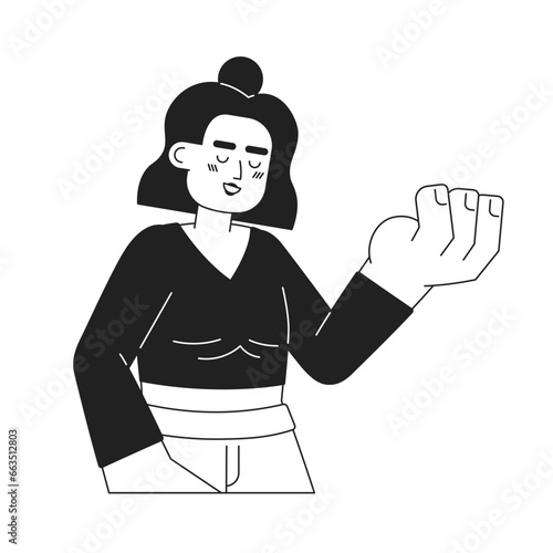 Woman sincere smile monochromatic flat vector character. Gorgeous latina brunette lady. Editable thin line half body person on white. Simple bw cartoon spot image for web graphic design
