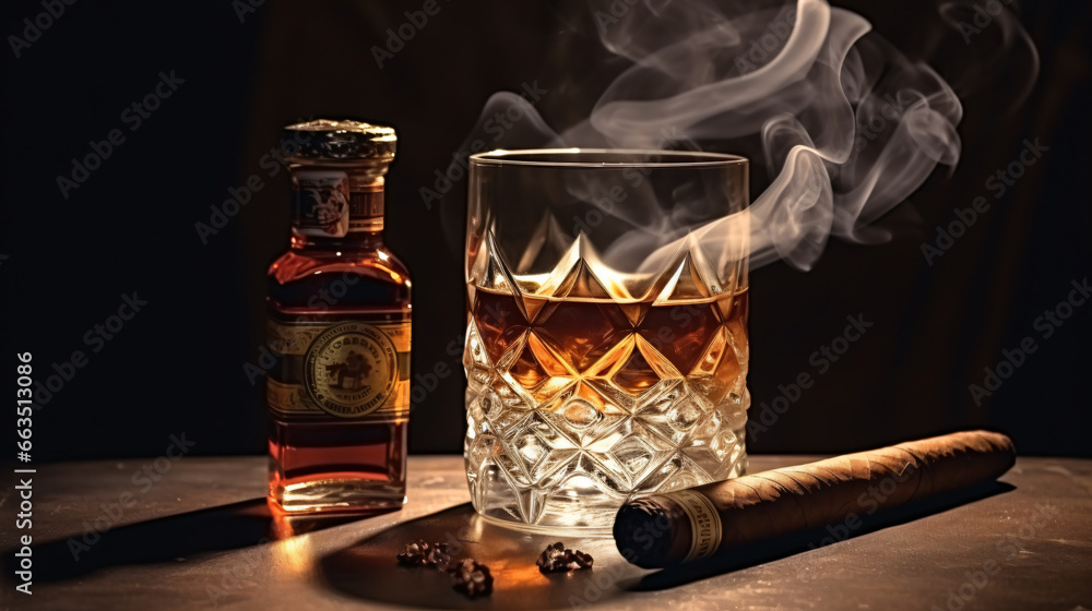 glass of whiskey with ice, cigars, glass, drink, alcohol, cigar, wine, cognac, brandy, whiskey, beverage, bottle, fire, fireplace, liquor, bar, smoke, red, tobacco, isolated, white, champagne, liquid,