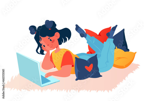 School-age girl lies with a laptop in a cozy home atmosphere, interior. Distance learning. Early development with modern technology or computer addiction, student vector cartoon character learning 