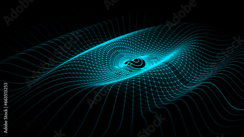 Digital vibration and style wave. Circle wavy pulse with lines on the dark background. Big data visualization. 3D rendering.