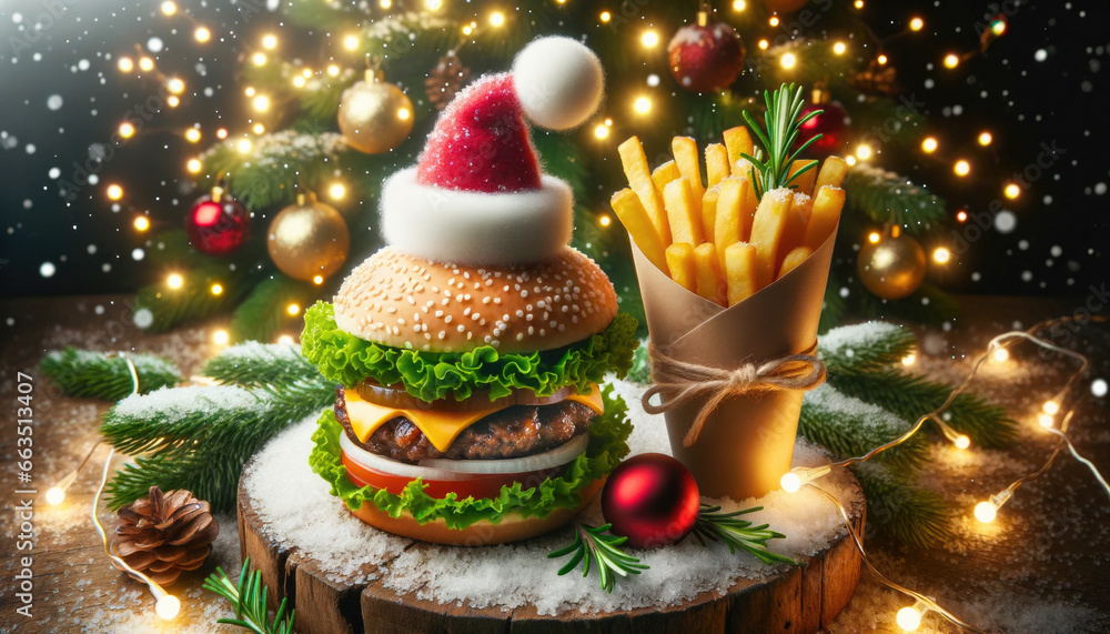 Snowman Christmas Burger. A delightful holiday burger sculpted into the shape of a snowman on festive backdrop.
