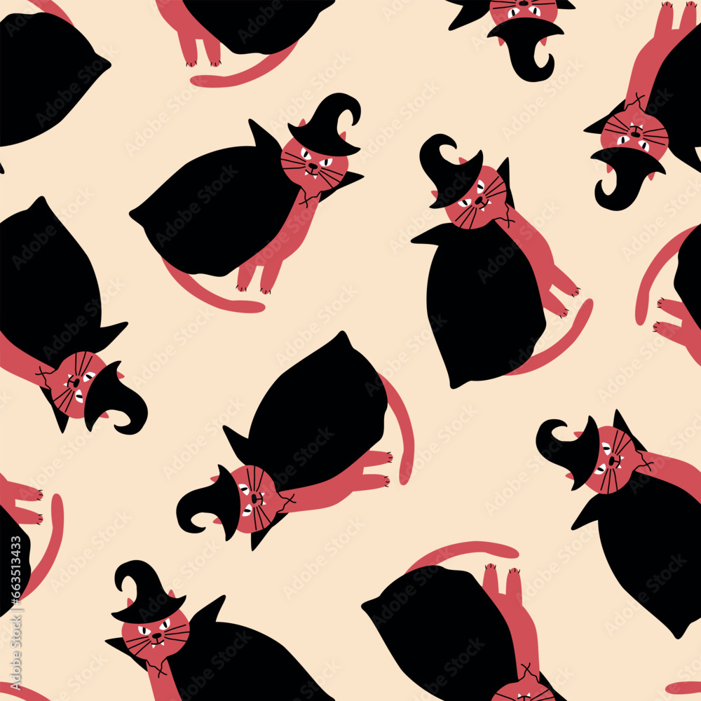 Funny red cat with witch black hat and cloak hand drawn vector illustration. Halloween party seamless pattern for kids fabric or wallpaper. Funny red cat with witch black hat and cloak hand drawn vector illustration. Halloween party seamless pattern for kids fabric or wallpaper.