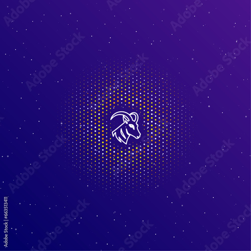 A large white contour goat's head symbol in the center, surrounded by small dots. Dots of different colors in the shape of a ball. Vector illustration on dark blue gradient background with stars