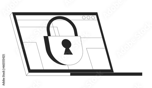 Closed access on laptop screen bw concept vector spot illustration. Confidential information. Private 2D cartoon flat line monochromatic object for web UI design. Editable isolated outline hero image