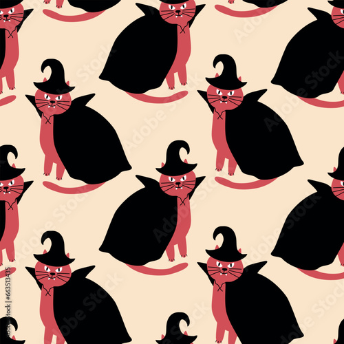 Spooky red cat with witch black hat and cloak hand drawn vector illustration. Halloween party seamless pattern for kids fabric or wallpaper.