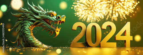 Majestic green dragon, symbolize Chinese New Year of 2024 on green background