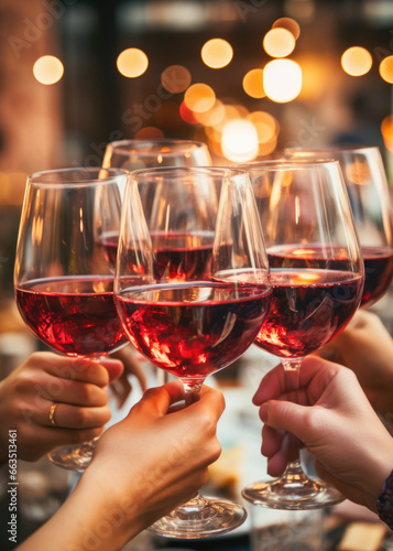 Glasses with red wine in hands of people, ready to toast and cheers with friends. Closeup moment of connection and enjoyment during a celebration.