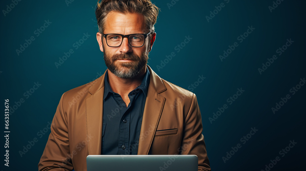 middle aged man with beard working on a laptop against colorful background middle aged man with beard working on a laptop against colorful background