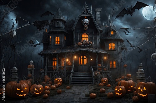 Halloween Backdrop, Creepy Clown House, ,HALLOWEEN DIGITAL BACKDROP, bats, pumpkin, full moon, moonlit, party, decor, kids photography, background, photoshop overlays, clown house © Reha