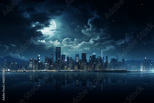 Night skyline wallpaper depicting a cityscape resembling Gotham. Generative AI